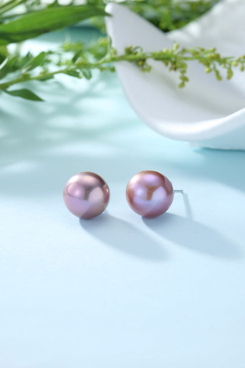 Purple Round Pearl Stud Earrings